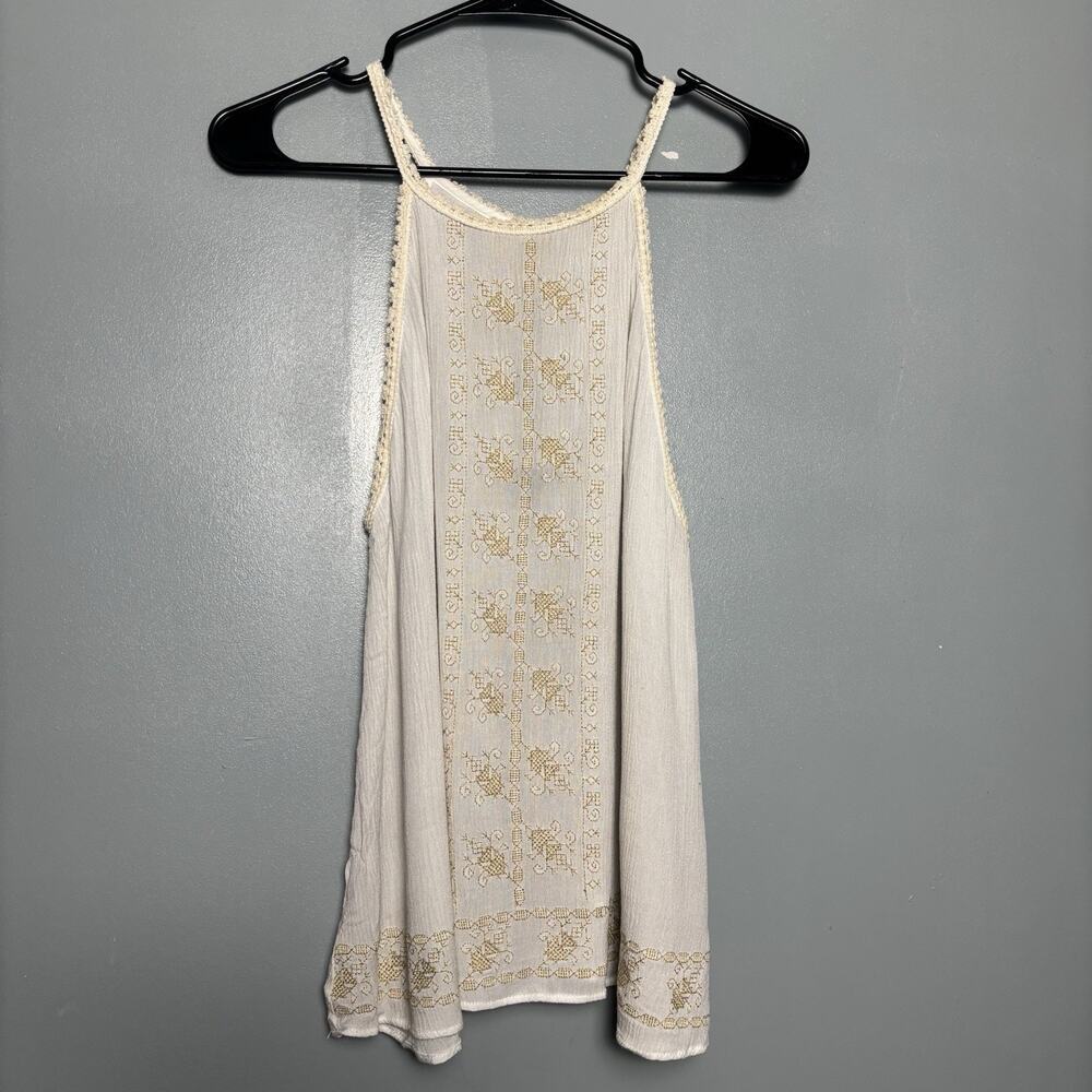 House Of Harlow 1960 Women’s High Neck Embroidered Boho Top Shirt Cream Gold Med